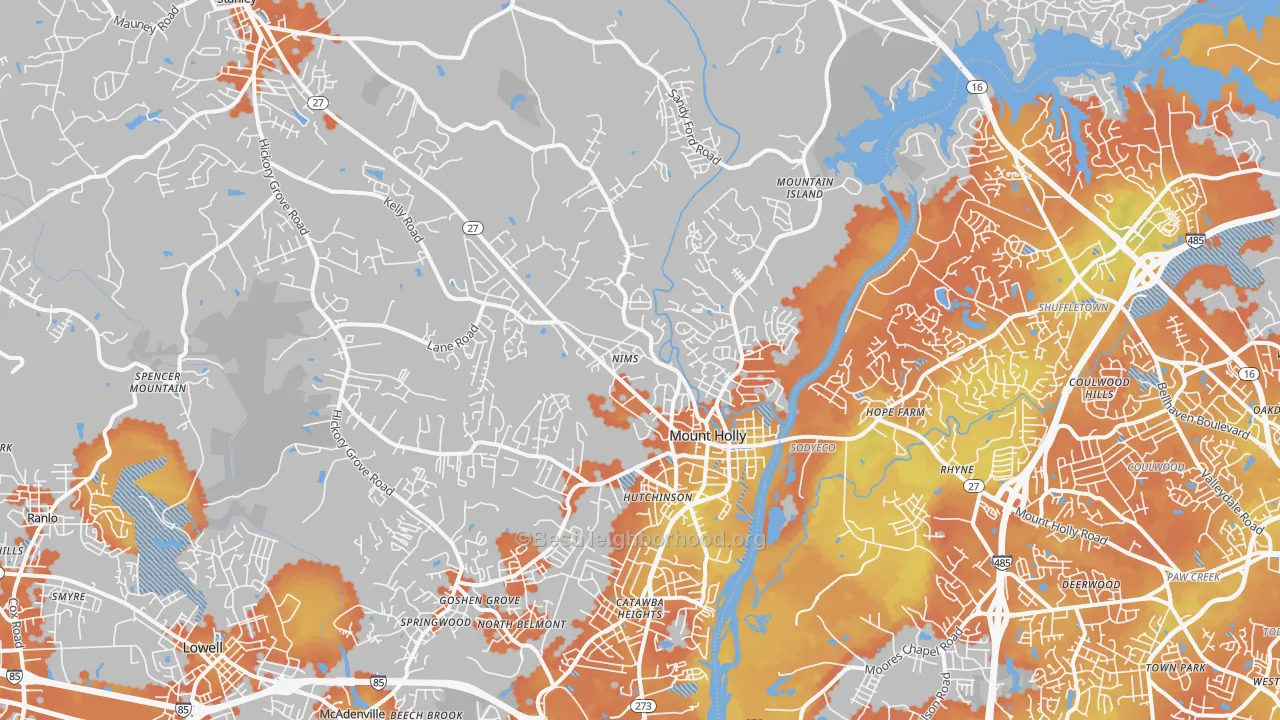 Bike Grade map of Mount Holly, NC