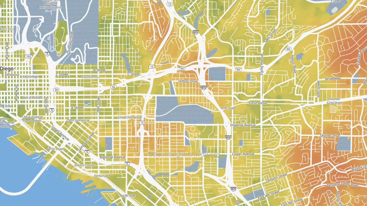 Bike Grade map of Mount Hope, San Diego, CA