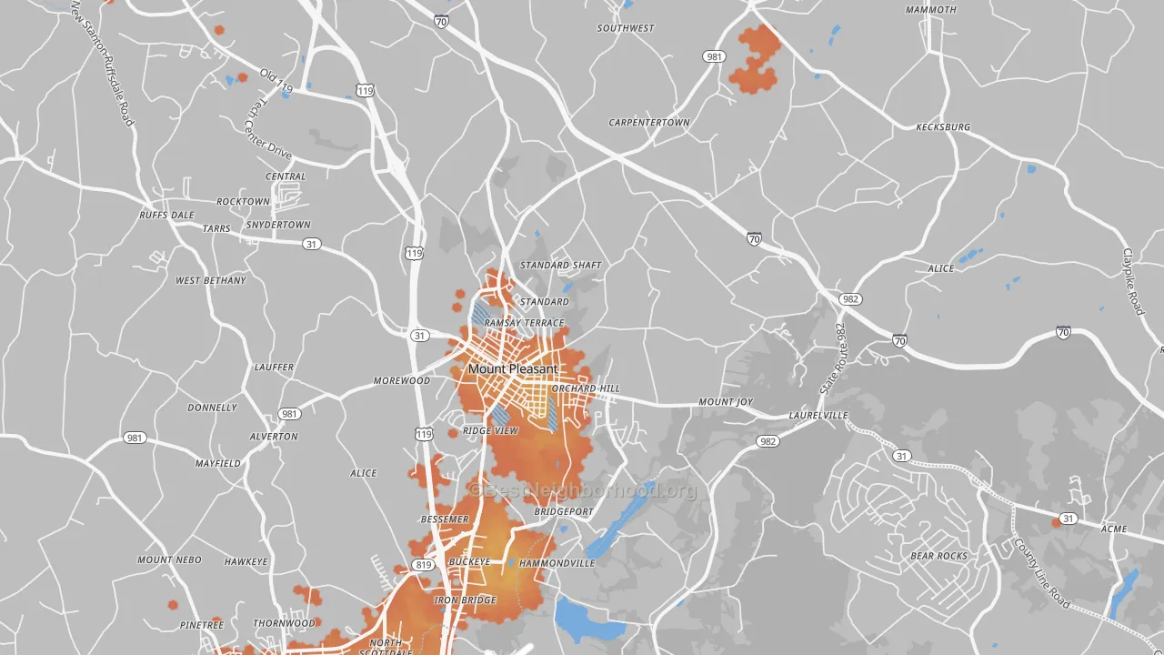 Bike Grade map of Mount Pleasant, PA