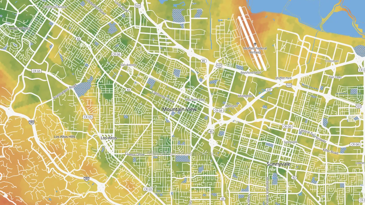 Bike Grade map of Mountain View, CA