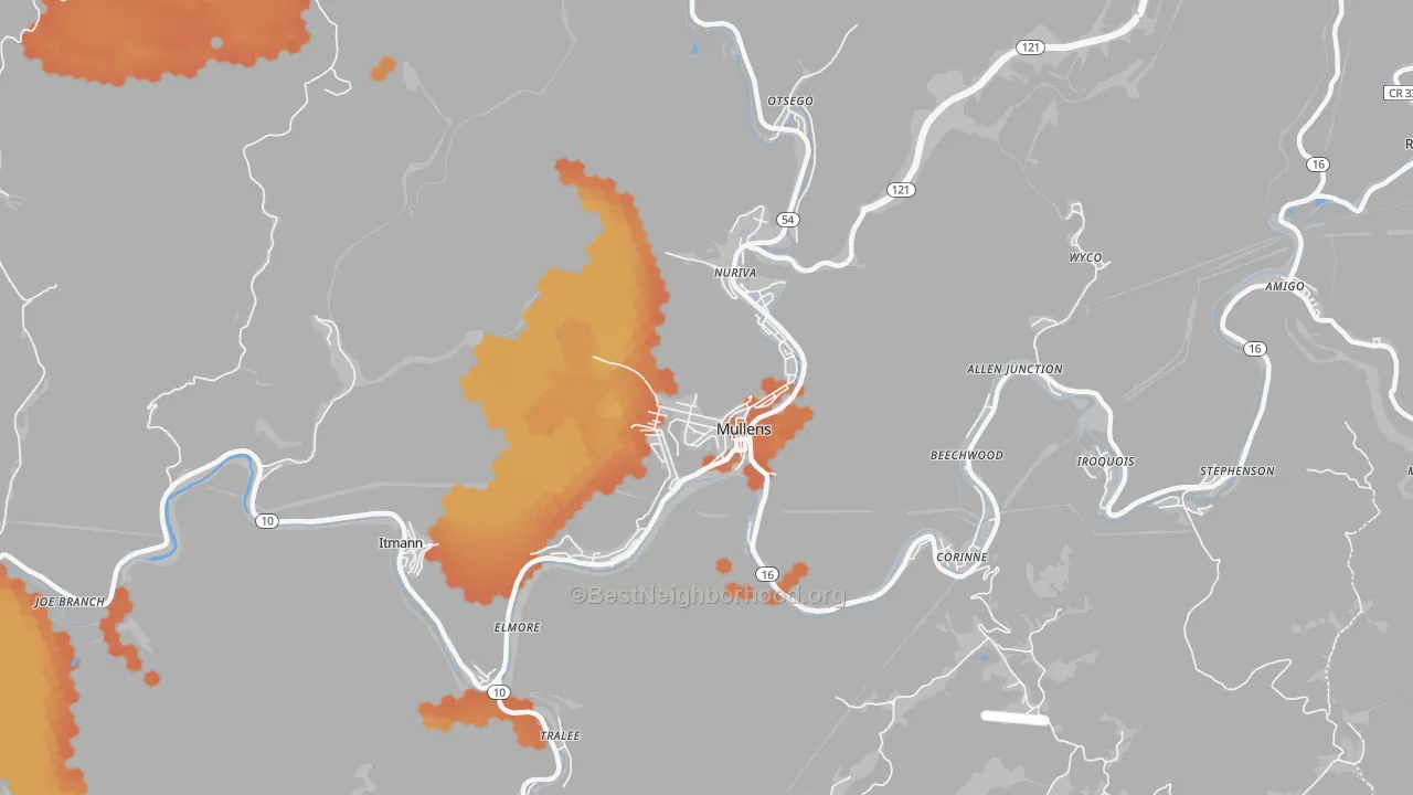 Bike Grade map of Mullens, WV