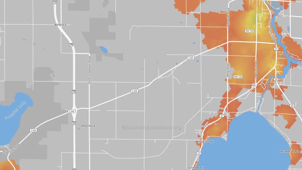 Bike Grade map of Mullett Lake, MI