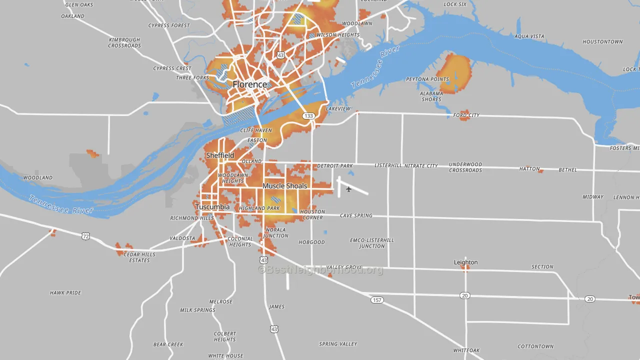 Bike Grade map of Muscle Shoals, AL