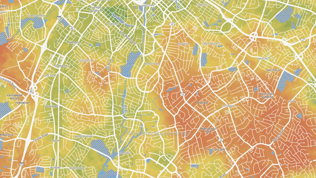 Bike Grade map of Myers Park, Charlotte, NC