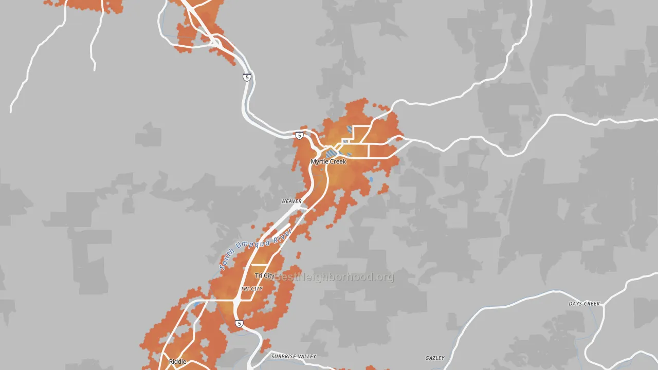 Bike Grade map of Myrtle Creek, OR