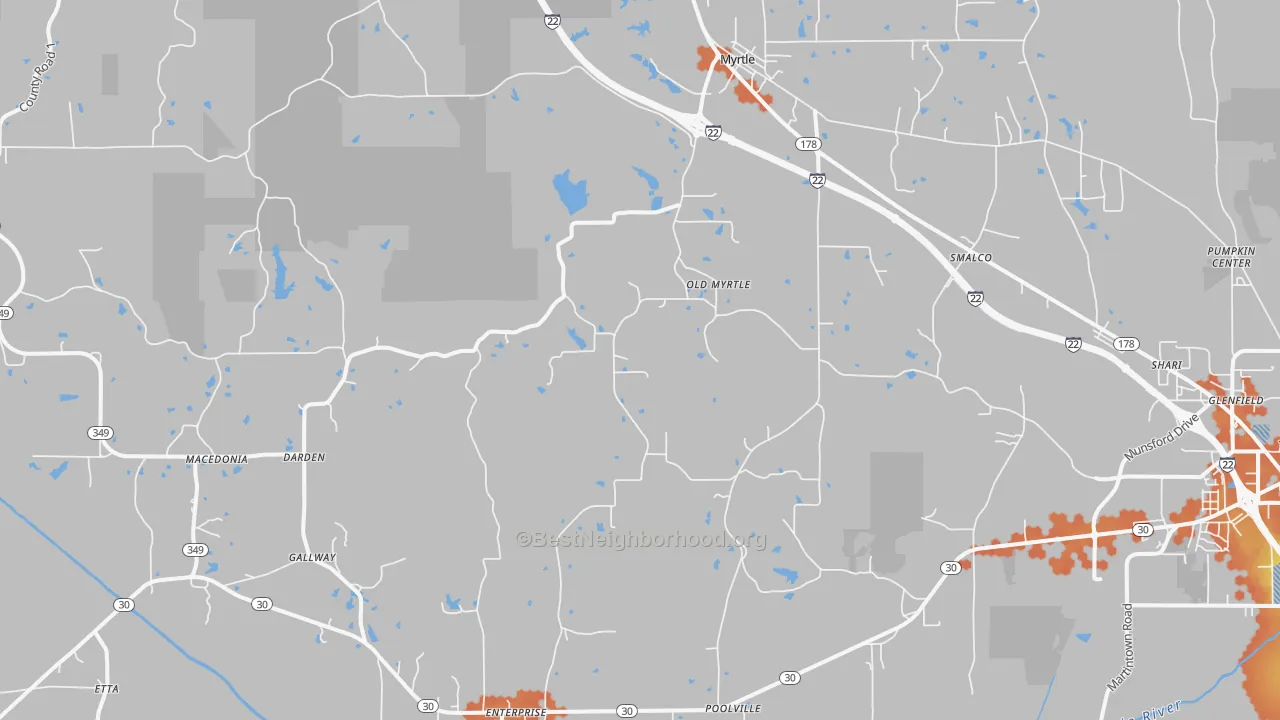 Bike Grade map of Myrtle, MS