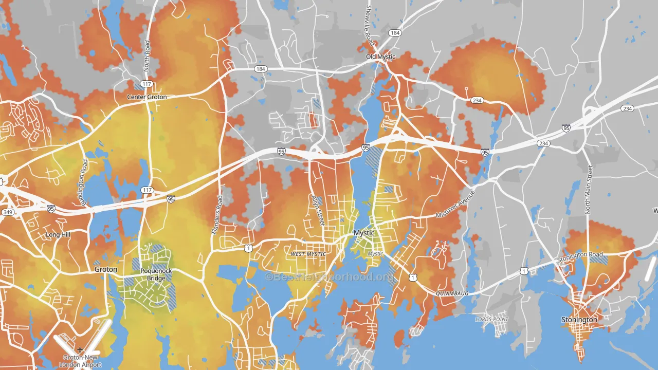 Bike Grade map of Mystic, CT