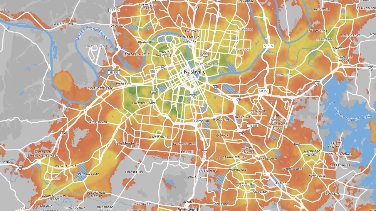Bike Grade map of Nashville, TN