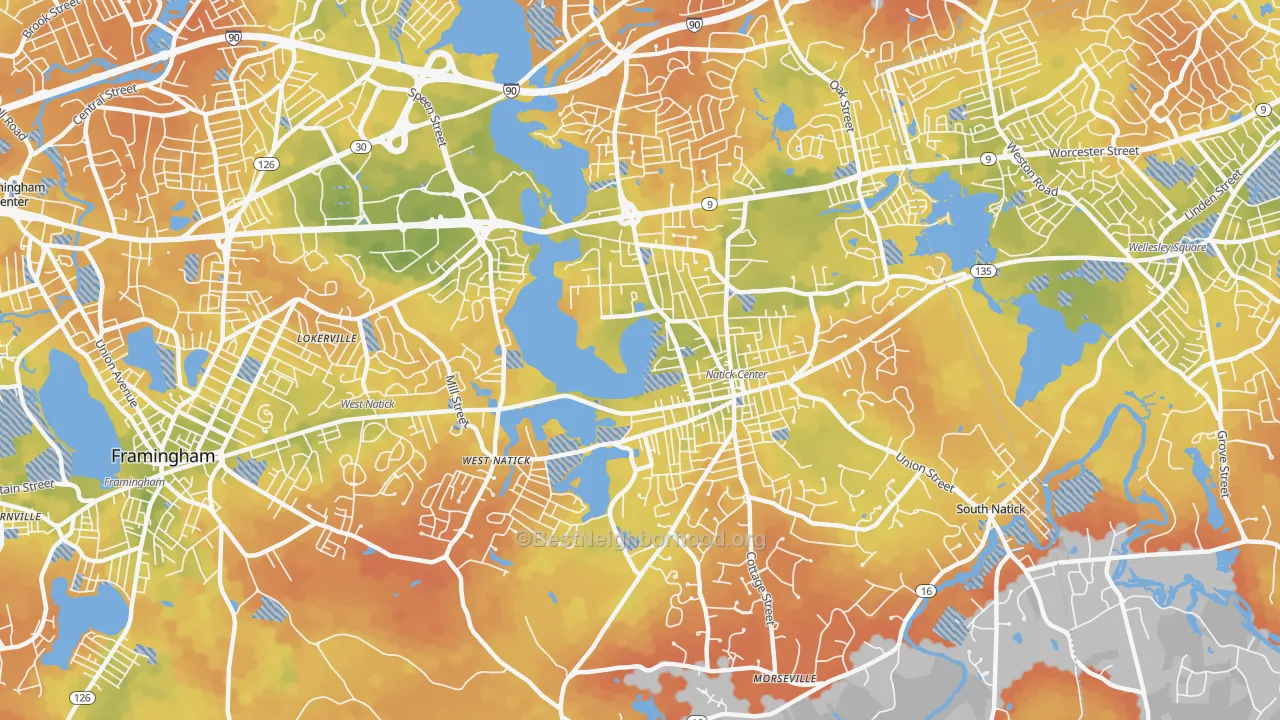 Bike Grade map of Natick, MA