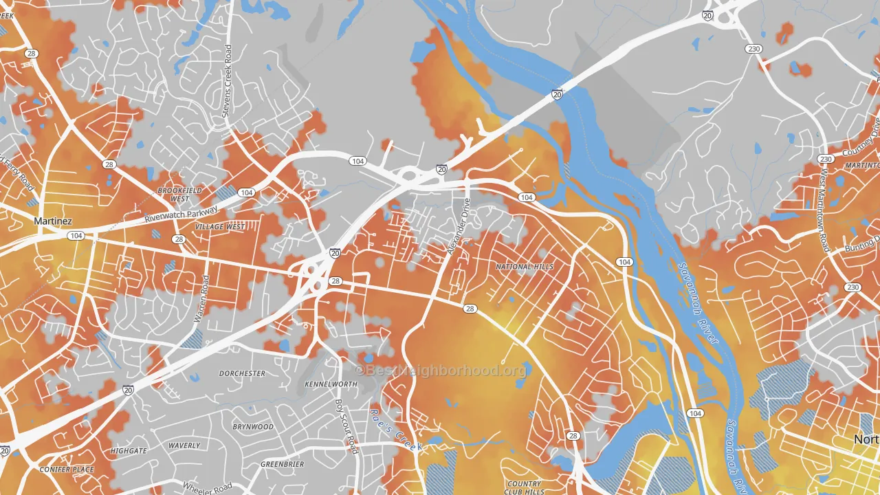 Bike Grade map of National Hills, Augusta, GA