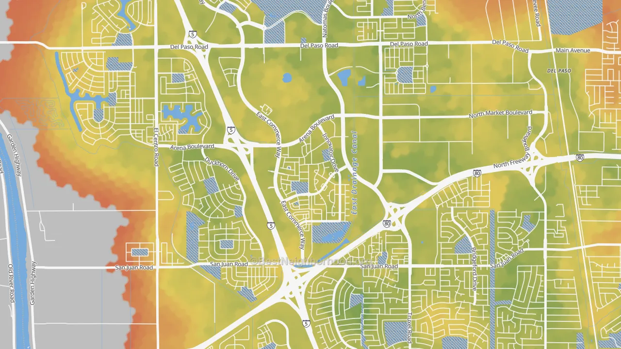 Bike Grade map of Natomas Crossing, Sacramento, CA