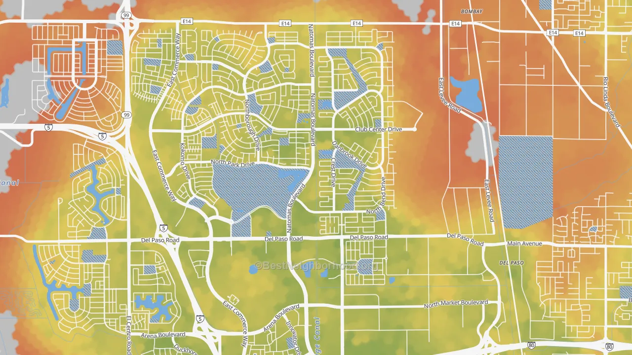 Bike Grade map of Natomas Park, Sacramento, CA