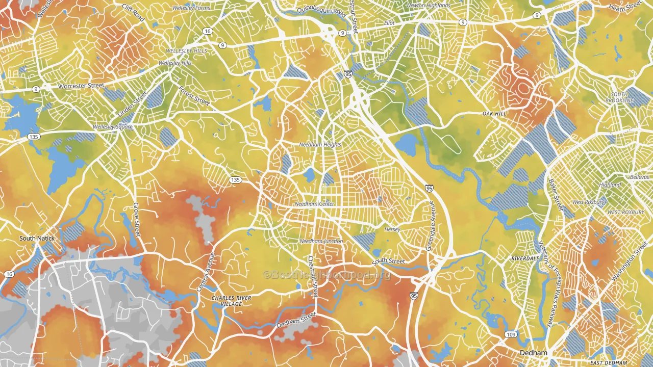 Bike Grade map of Needham, MA
