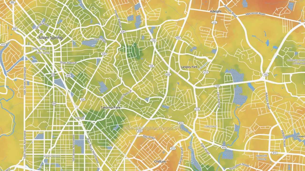Bike Grade map of New Hampshire Gardens, Takoma Park, MD