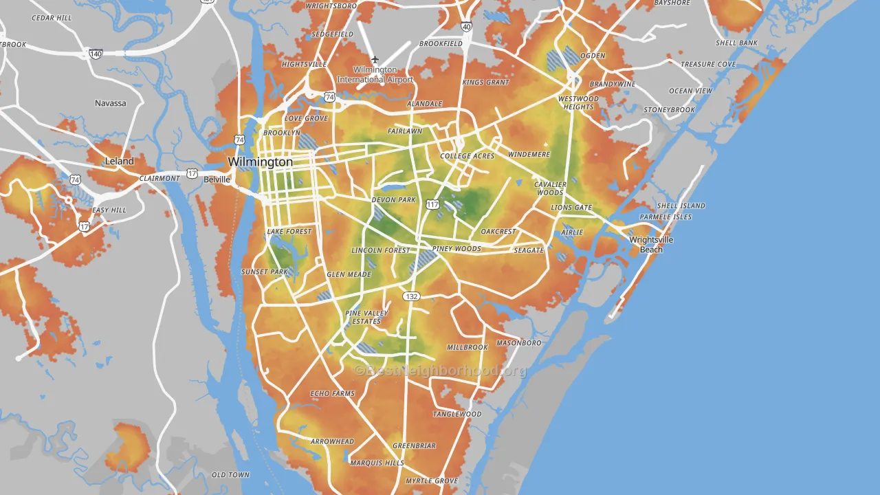 Bike Grade map of New Hanover County, NC