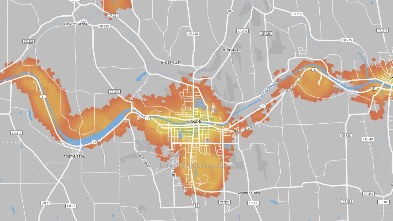 Bike Grade map of Newark, NY