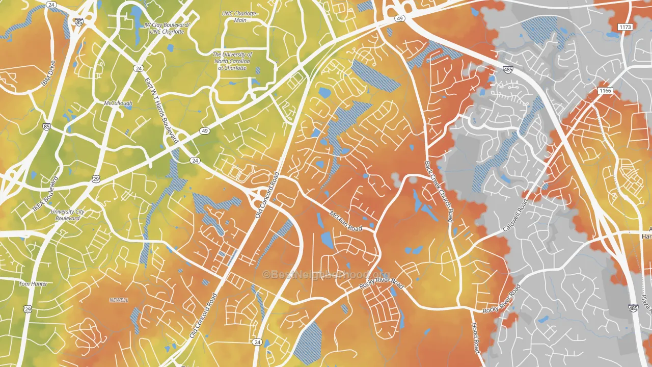 Bike Grade map of Newell, Charlotte, NC