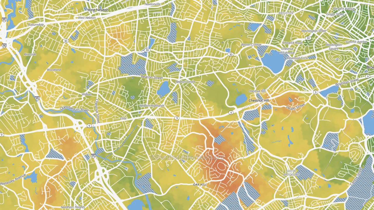 Bike Grade map of Newton Center, MA