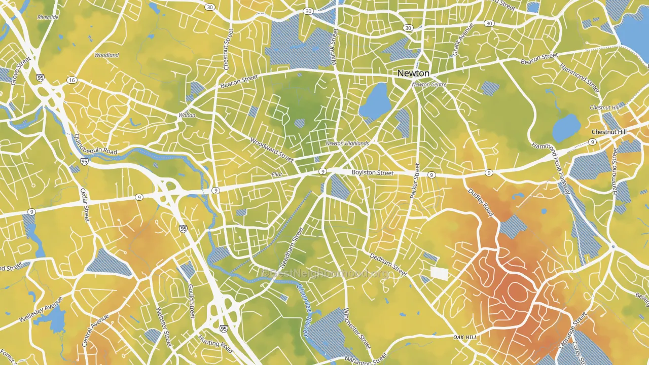Bike Grade map of Newton Highlands, MA