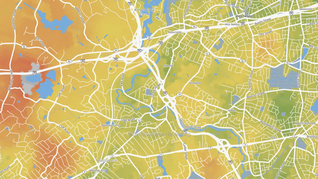 Bike Grade map of Newton Lower Falls, MA