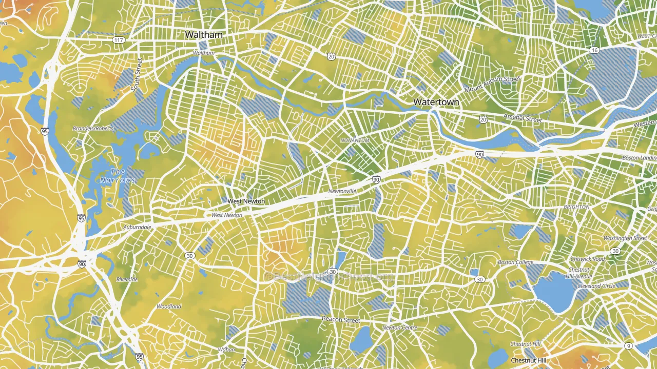Bike Grade map of Newton, MA