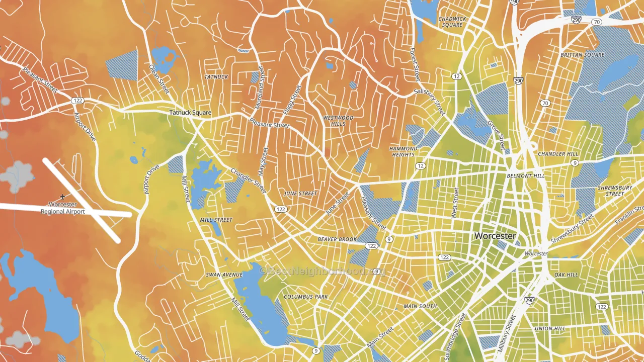 Bike Grade map of Newton Square, Worcester, MA