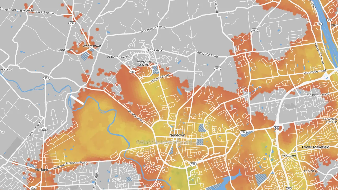 Bike Grade map of Newtown, PA