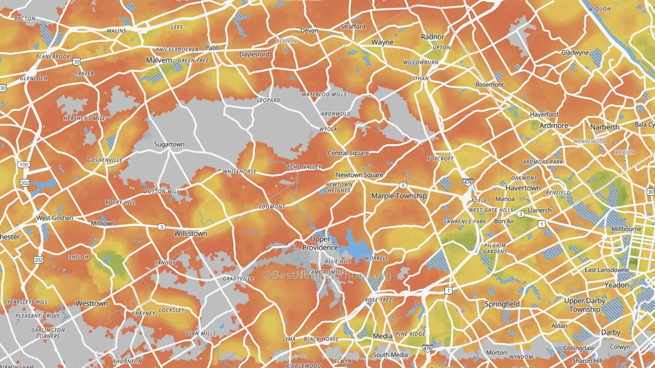 Bike Grade map of Newtown Square, PA