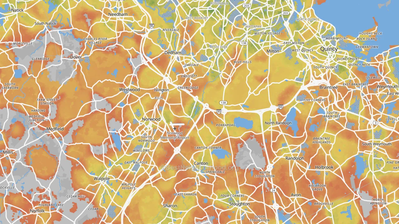 Bike Grade map of Norfolk County, MA
