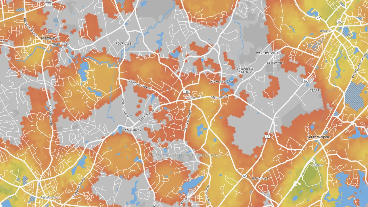 Bike Grade map of Norfolk, MA