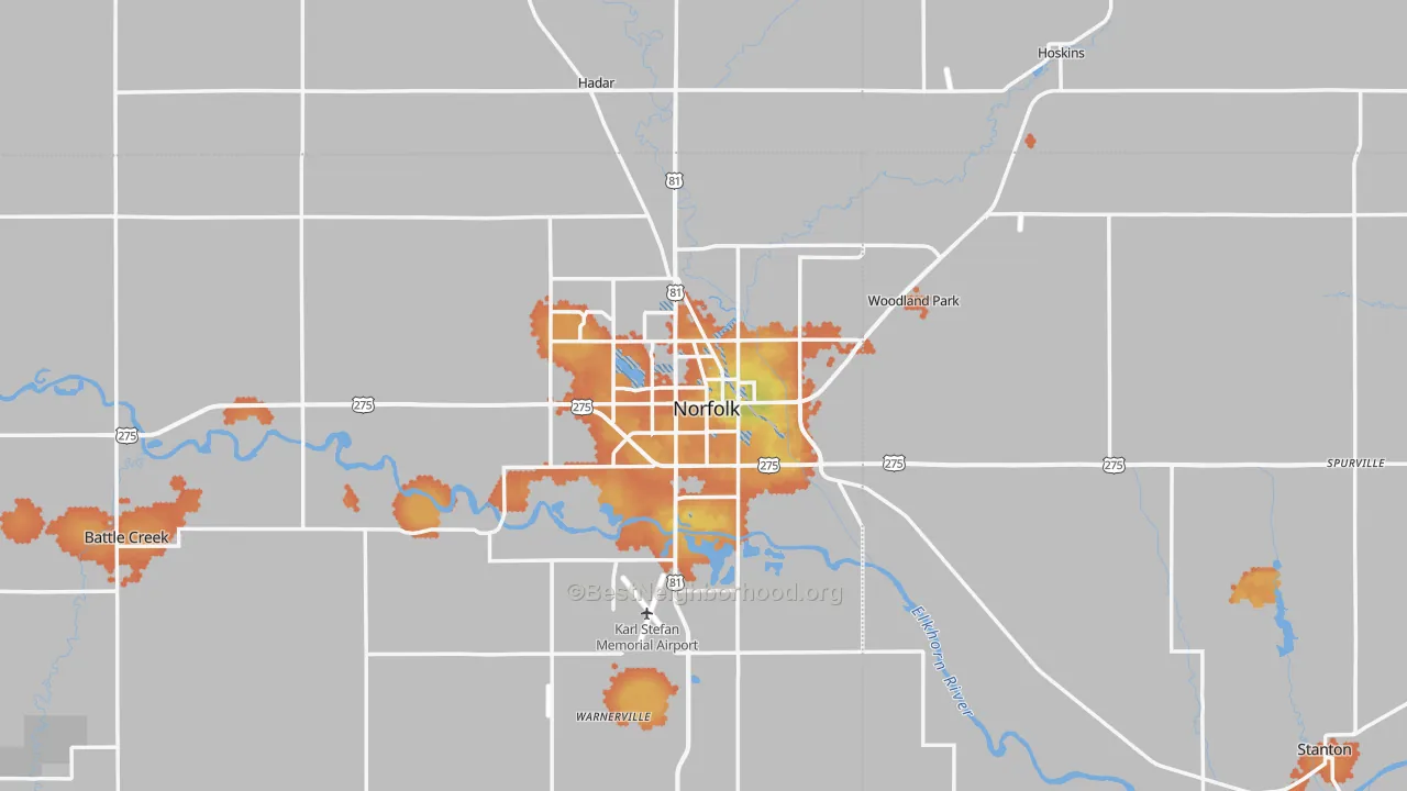 Bike Grade map of Norfolk, NE