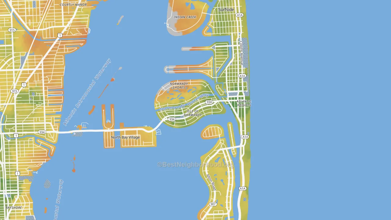 Bike Grade map of Normandy Isles, North Bay Village, FL