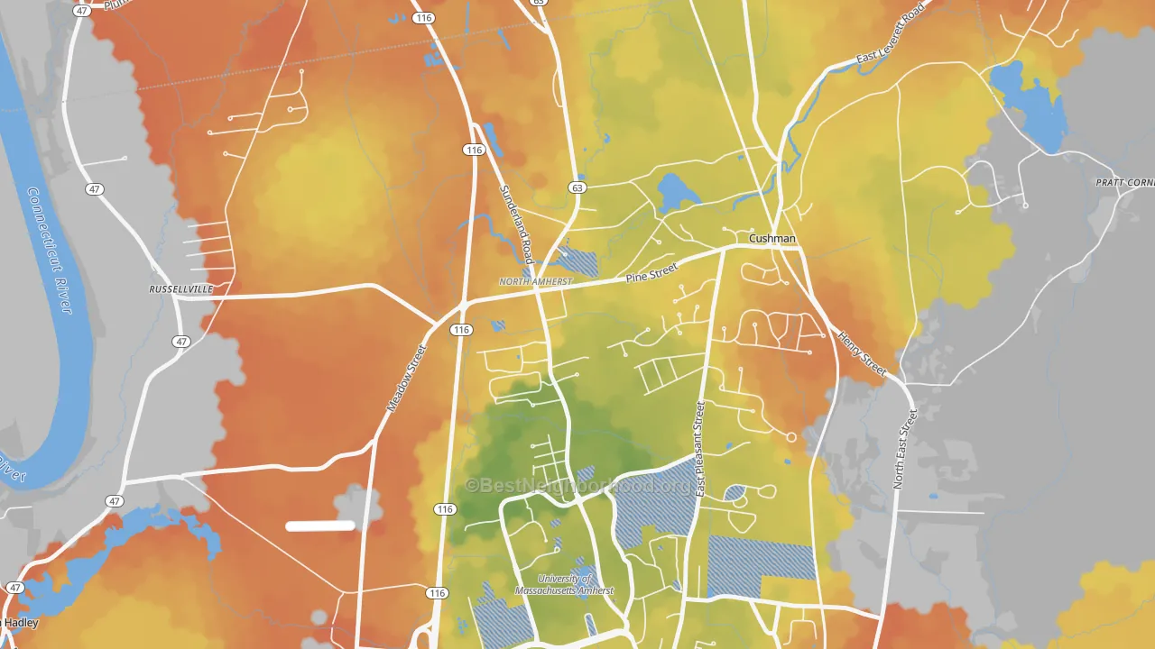 Bike Grade map of North Amherst, Amherst, MA