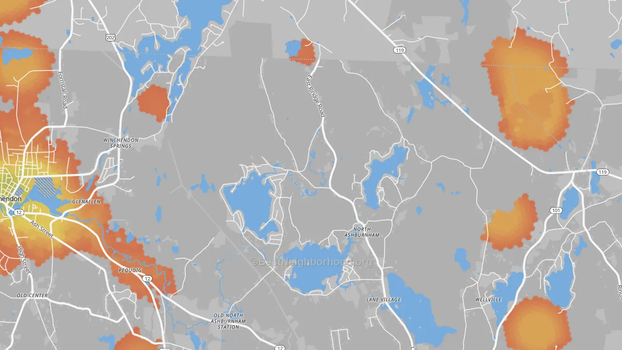 Bike Grade map of North Ashburnham, MA