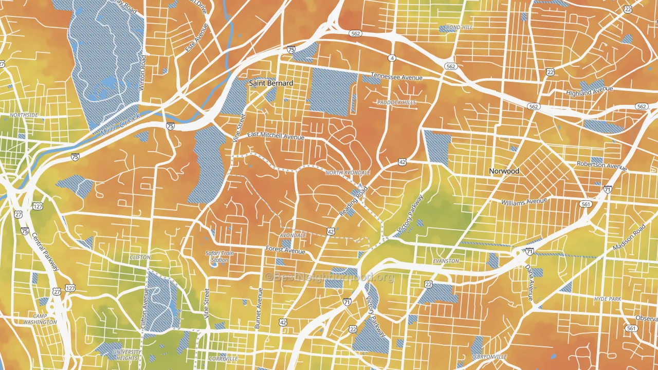 Bike Grade map of North Avondale, Cincinnati, OH