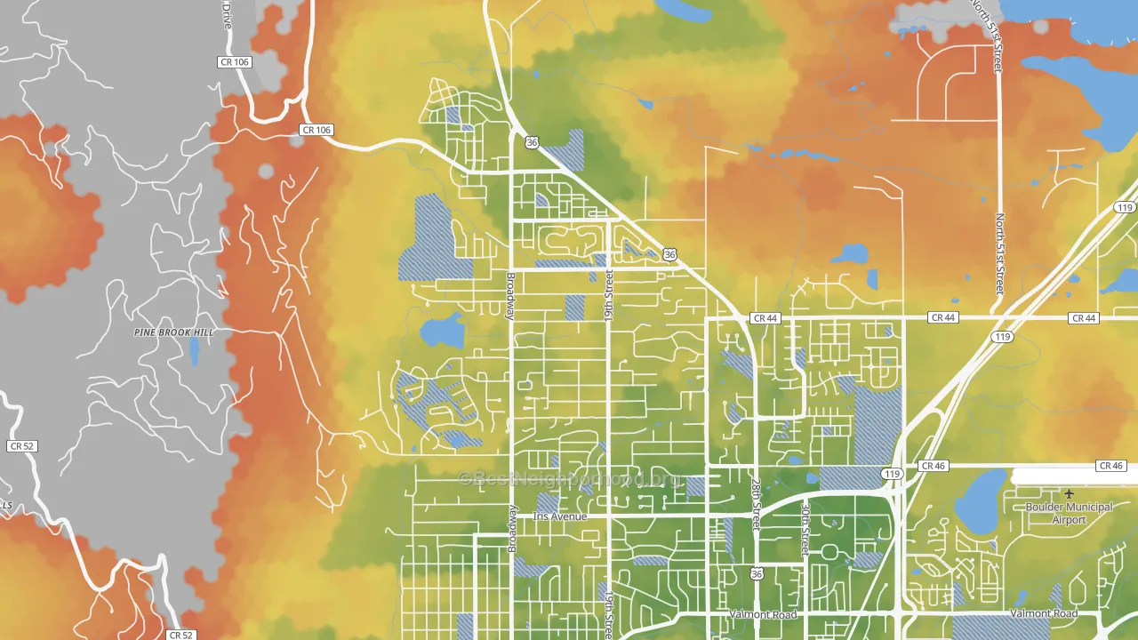 Bike Grade map of North Boulder, Boulder, CO