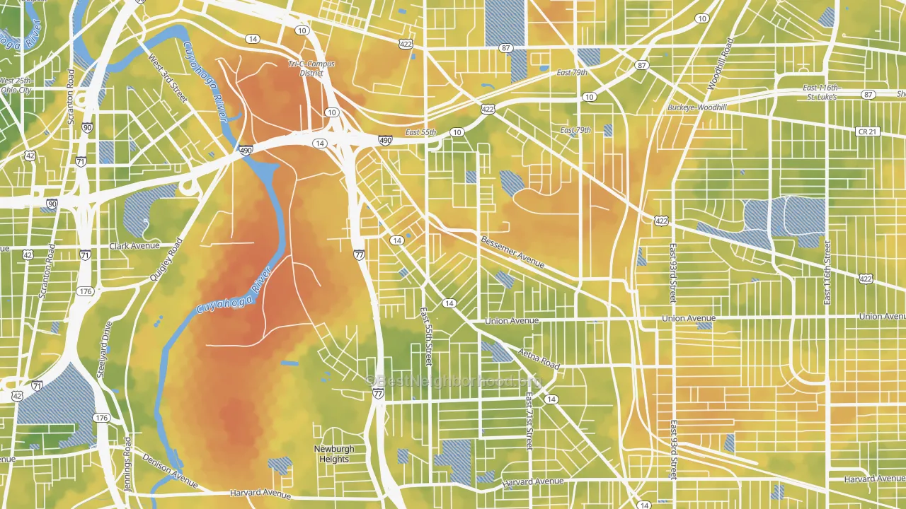 Bike Grade map of North Broadway, Cleveland, OH