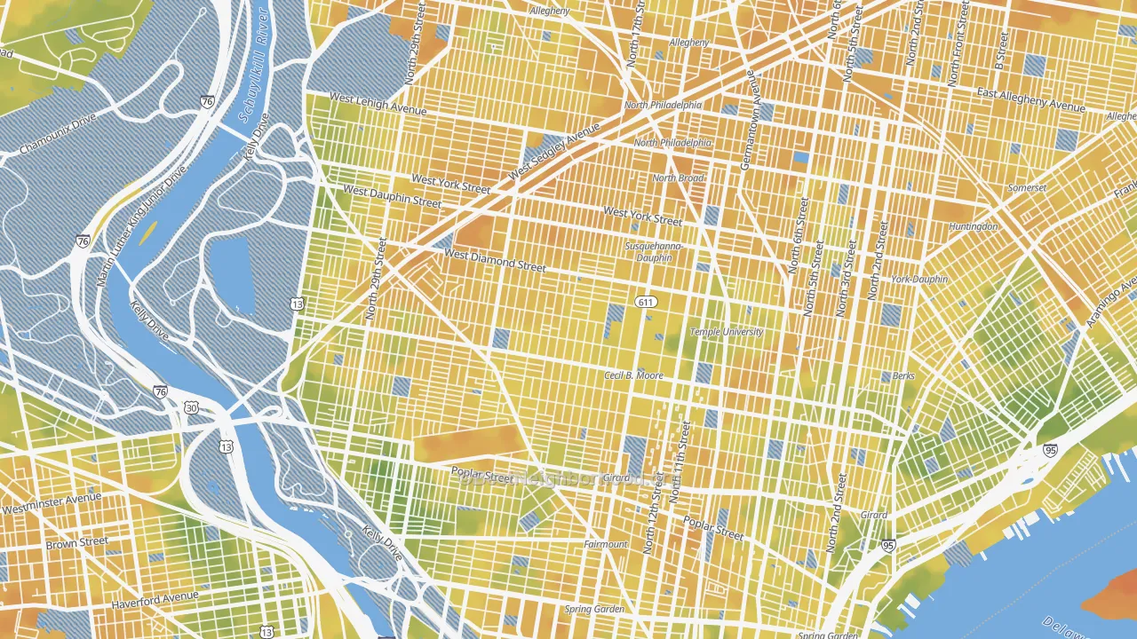 Bike Grade map of North Central, Philadelphia, PA