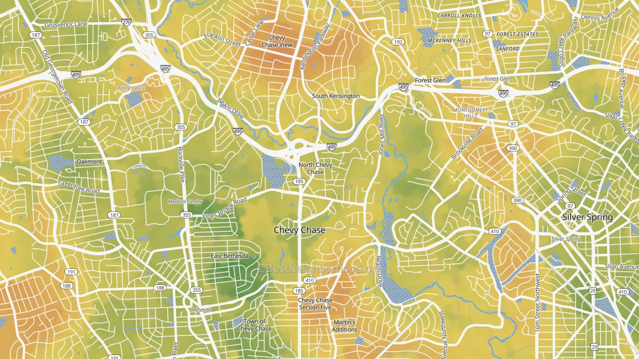 Bike Grade map of North Chevy Chase, MD
