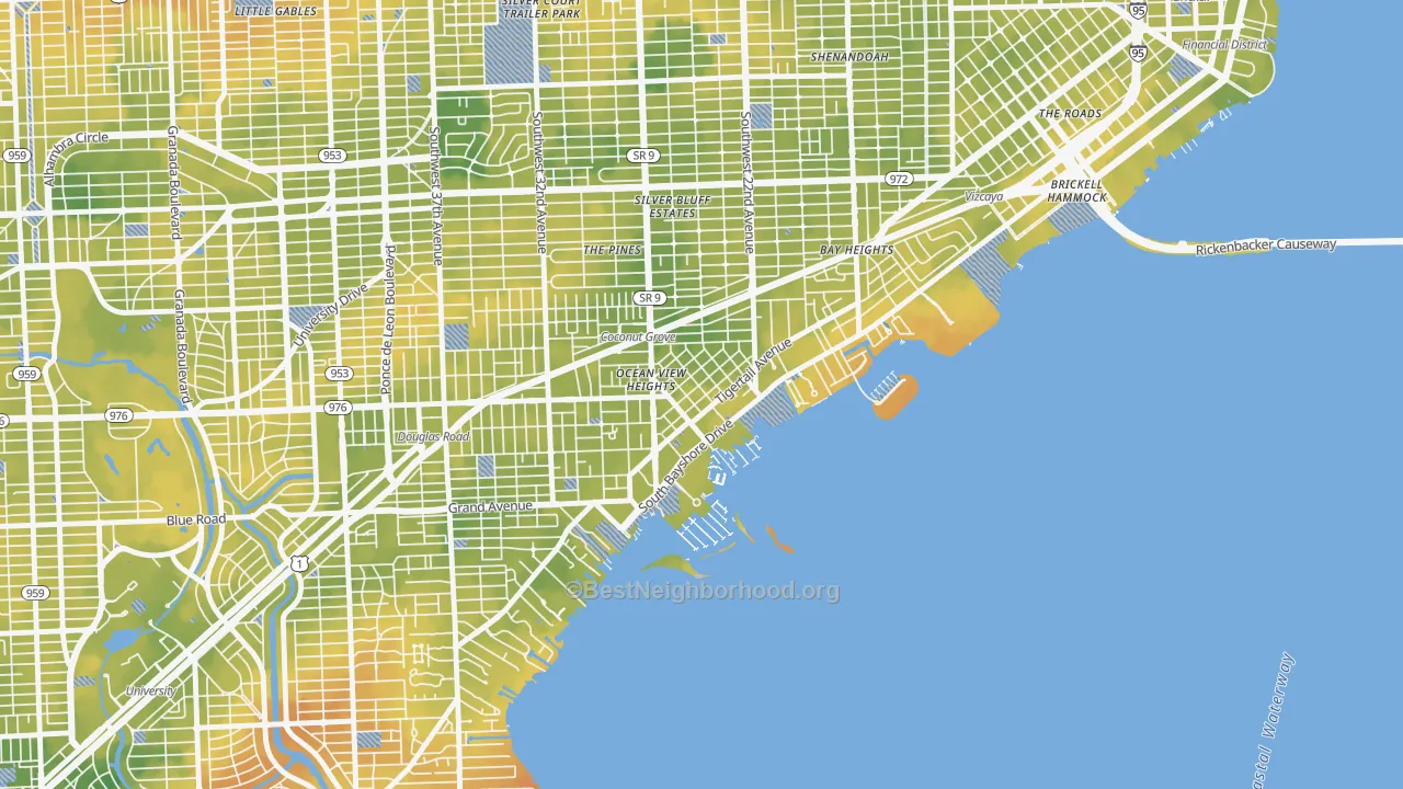 Bike Grade map of North Coconut Grove, Miami, FL