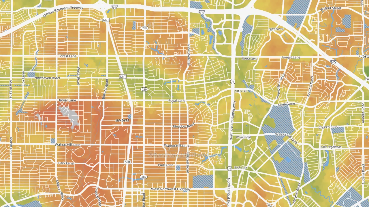 Bike Grade map of North Dallas, Dallas, TX