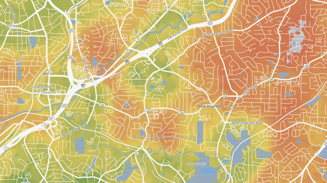 Bike Grade map of North Druid Hills, GA