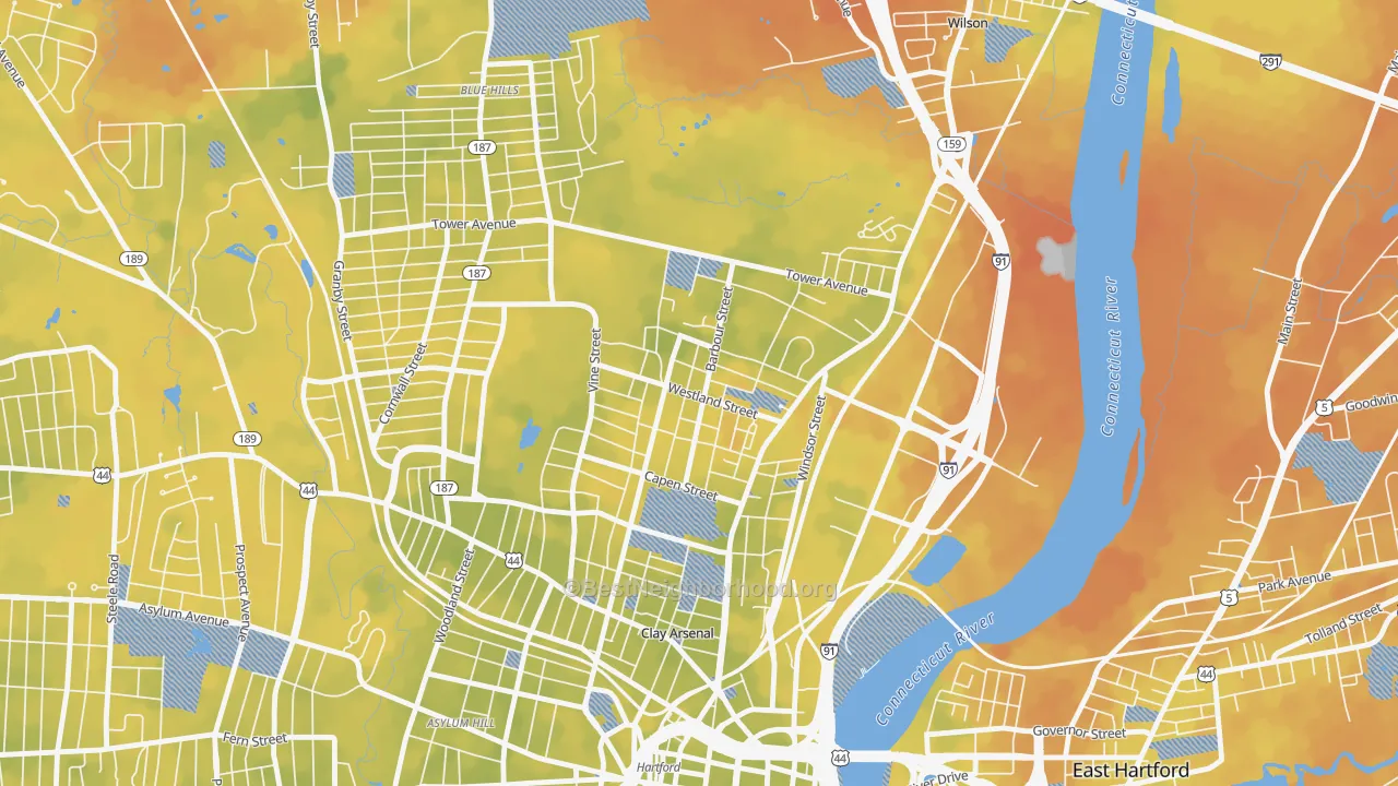 Bike Grade map of North East, Hartford, CT