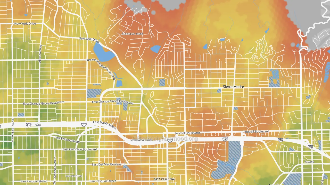 Bike Grade map of North East, Pasadena, CA