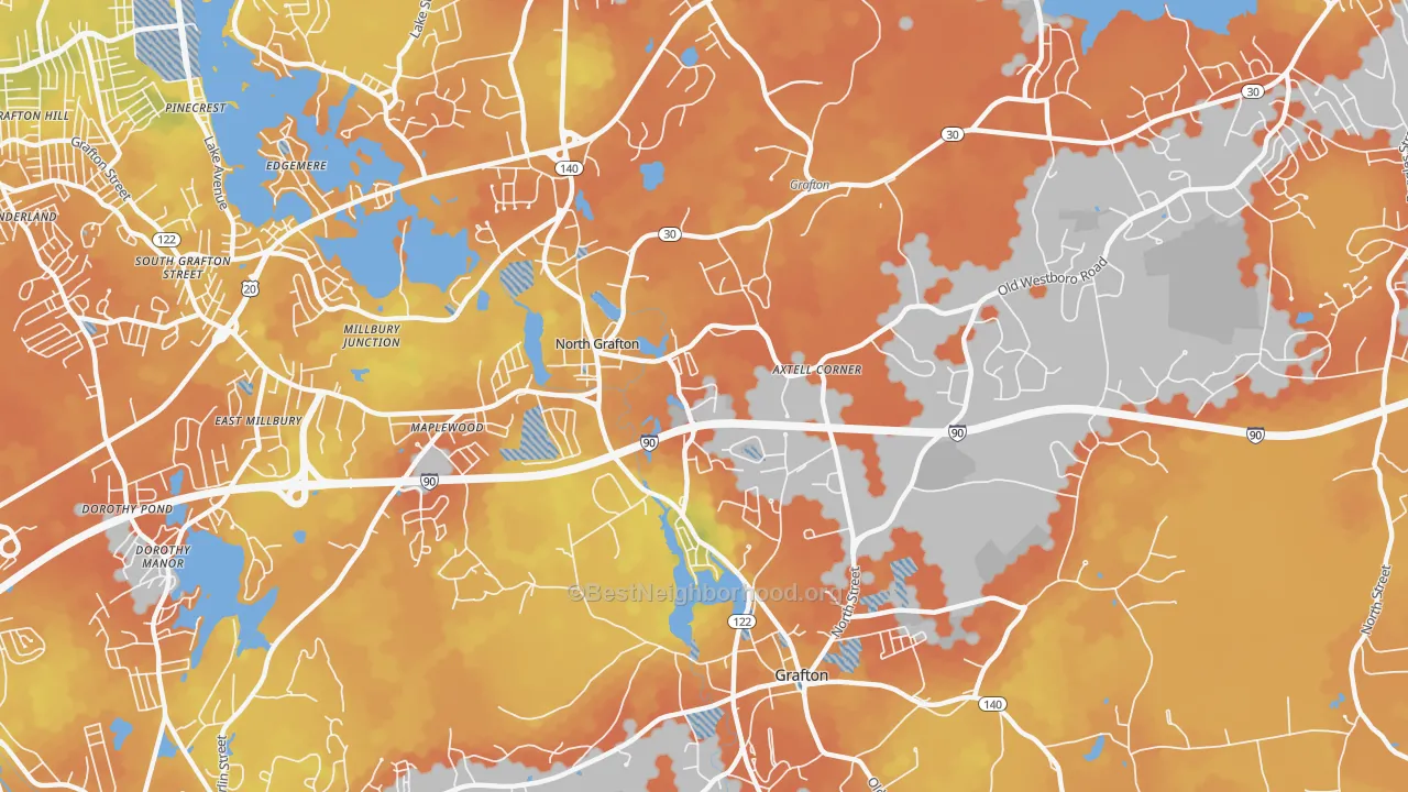 Bike Grade map of North Grafton, MA