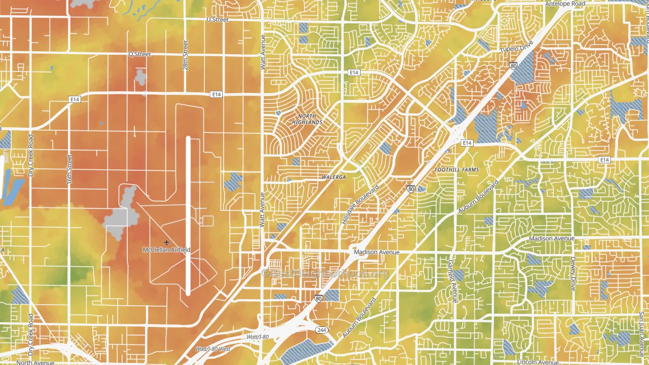 Bike Grade map of North Highlands, CA