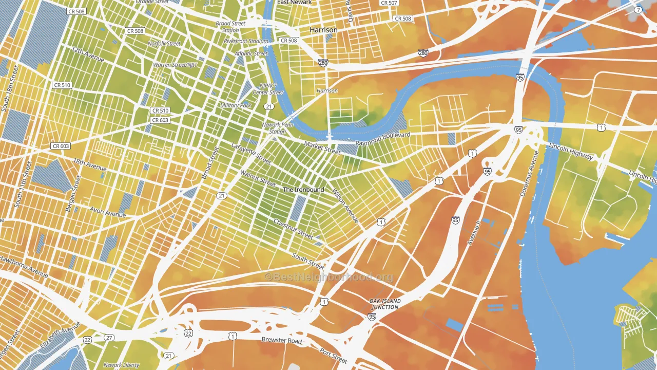Bike Grade map of North Ironbound, Newark, NJ