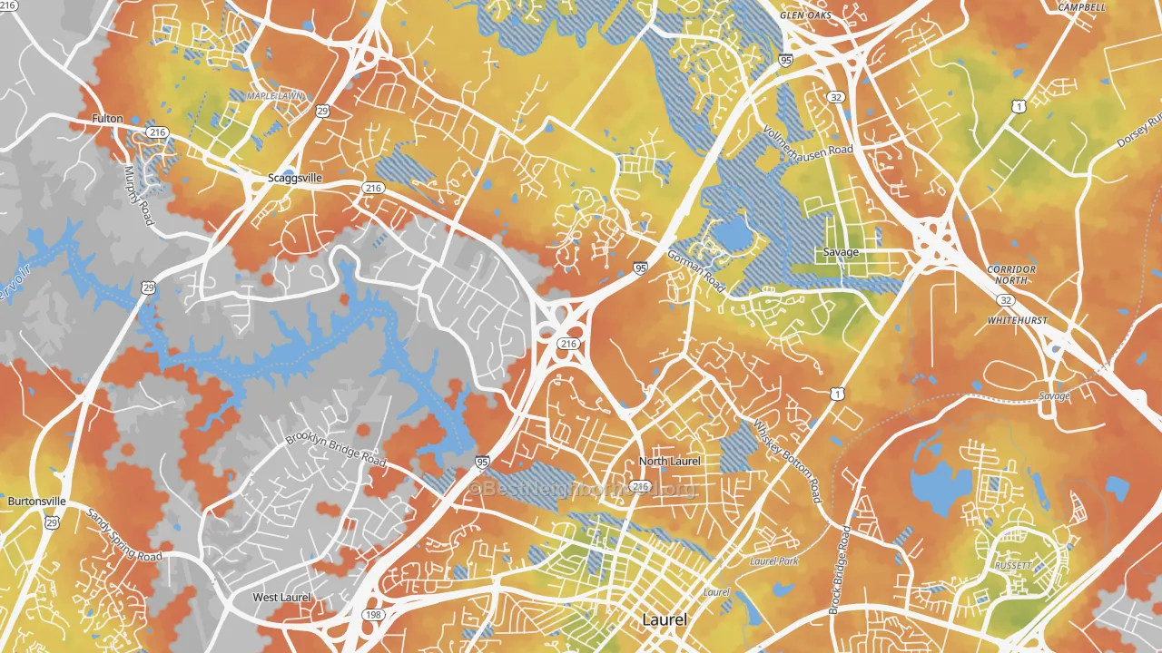 Bike Grade map of North Laurel, Scaggsville, MD