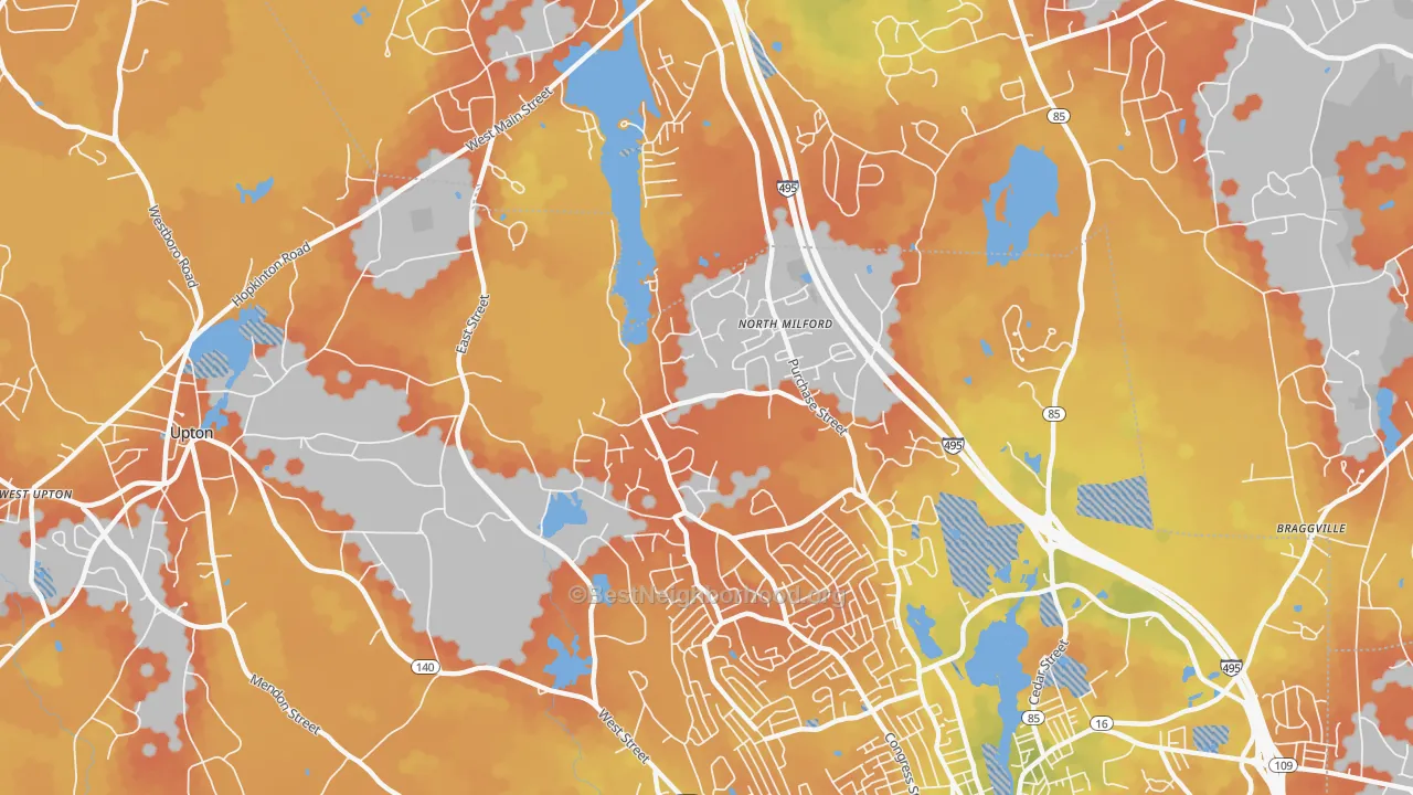 Bike Grade map of North Milford, MA