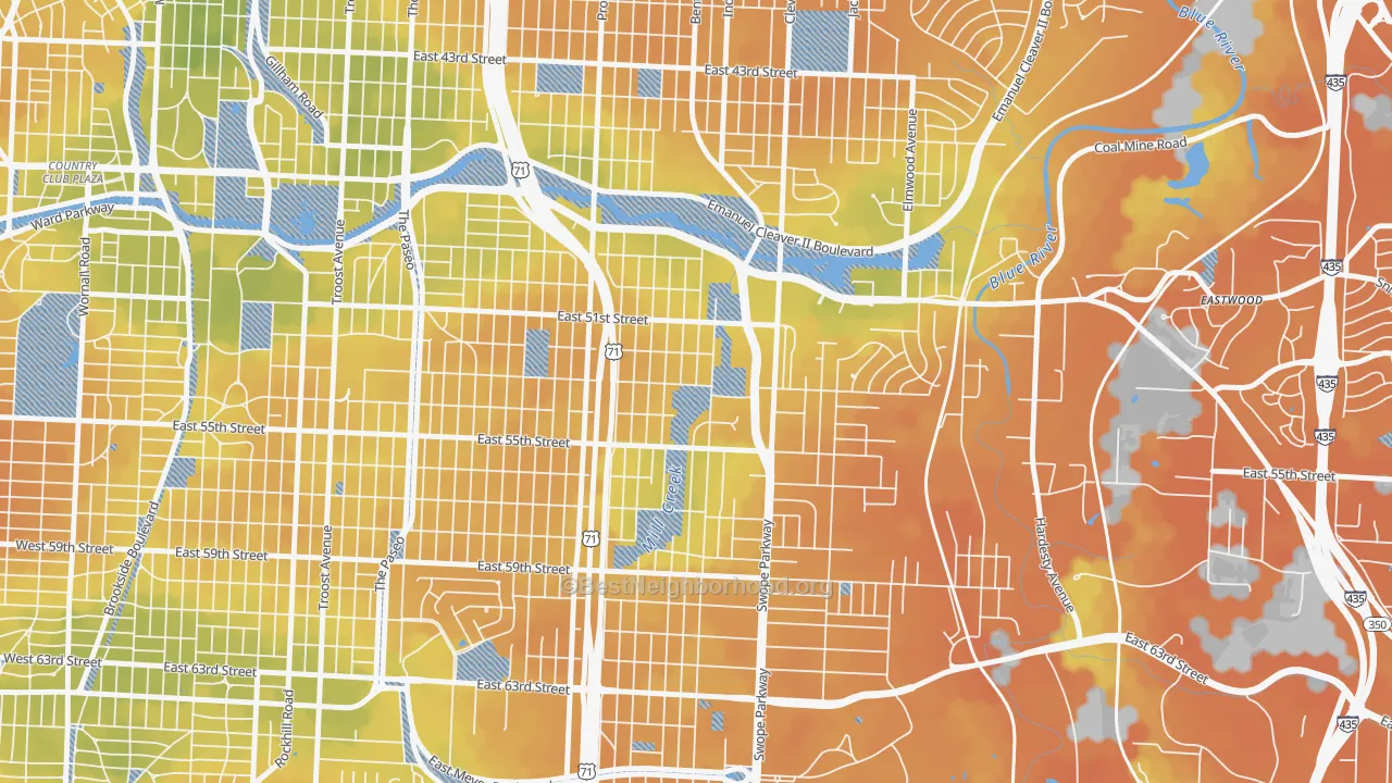 Bike Grade map of North Town Fork Creek, Kansas City, MO